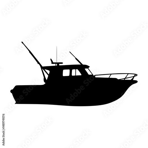 Black Fishing Boat with Cabin and Mast Icon Isolated vector illustration