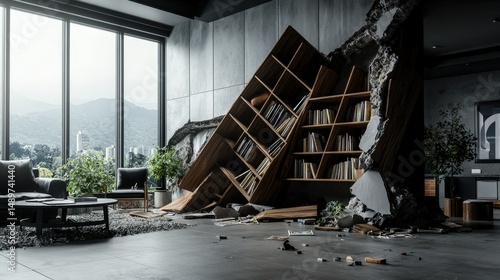 Devastating earthquake scene urban apartment photography interior close-up destruction and chaos