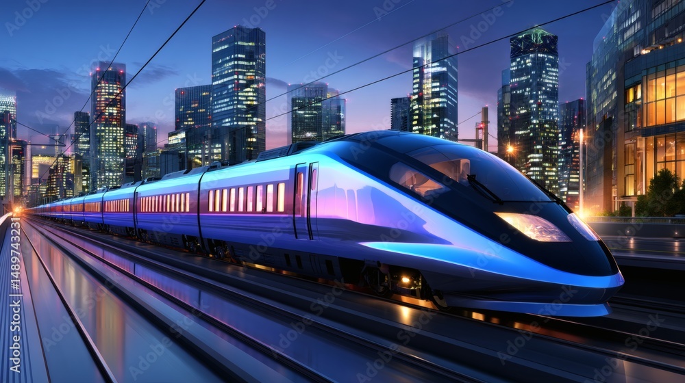 Naklejka premium High-Speed Train Passing Through Modern Cityscape at Night