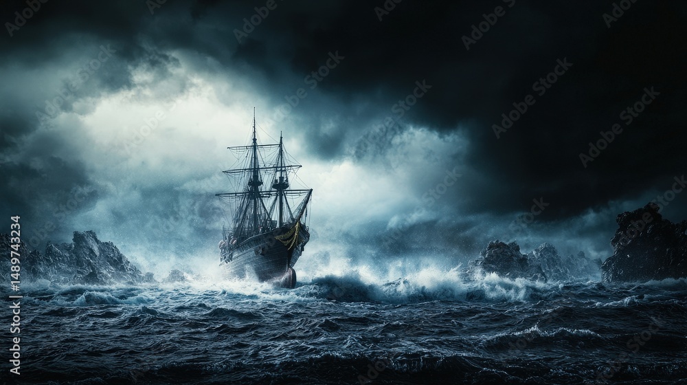 Obraz premium Battling the storm a ship's struggle against nature's fury at sea dark atmosphere dramatic viewpoint