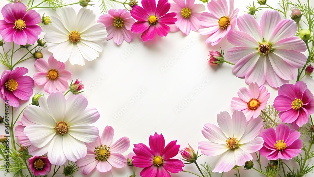 Floral Arrangement of Pink and White Cosmos Flowers with a Blank White Space Floral Arrangement of Pink and White Cosmos Flowers with a Blank White Space