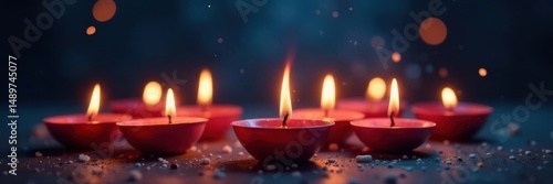 Burning candles on dark blue, unsharp lights, celebration mood , beauty, spiritual, photography