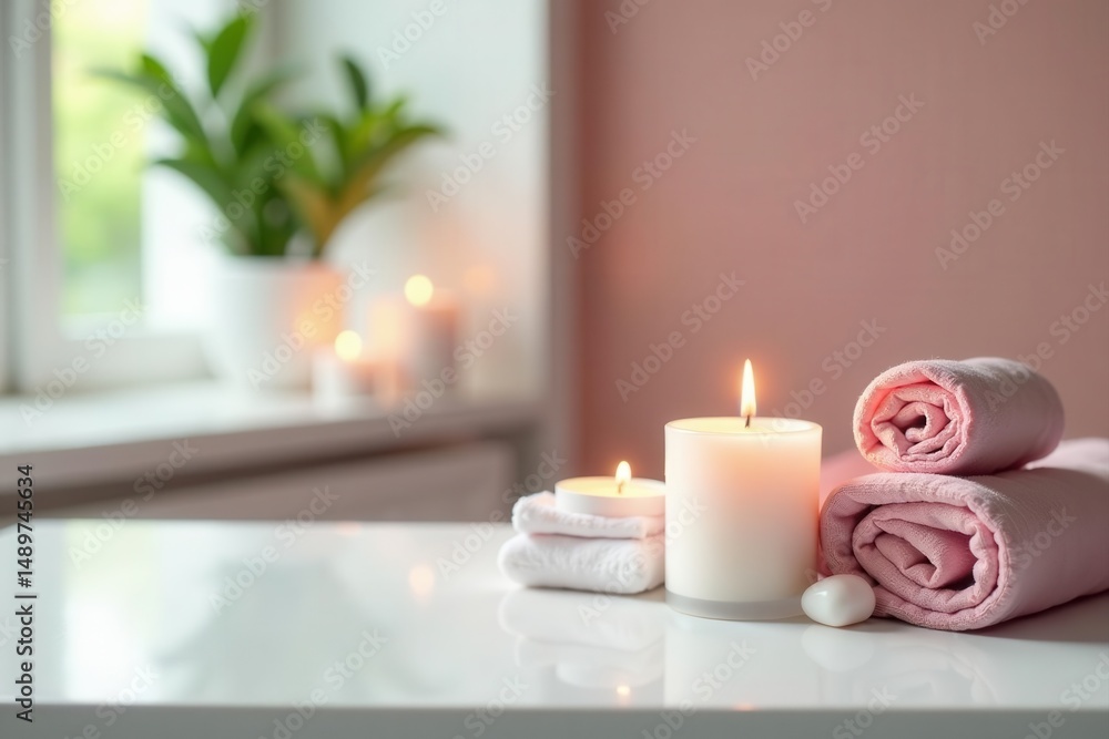 Clean white table, blurred spa backdrop, candles , podium, purity, display Clean white table, blurred spa backdrop, candles , podium, purity, display
