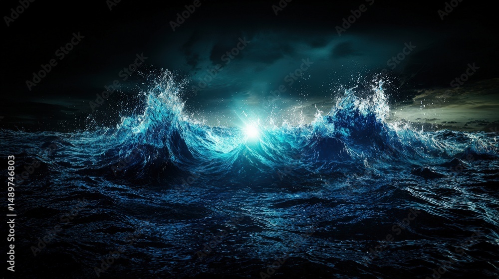 Fototapeta premium Powerful ocean waves crash dramatically at night coastal environment nature photography dark atmosphere