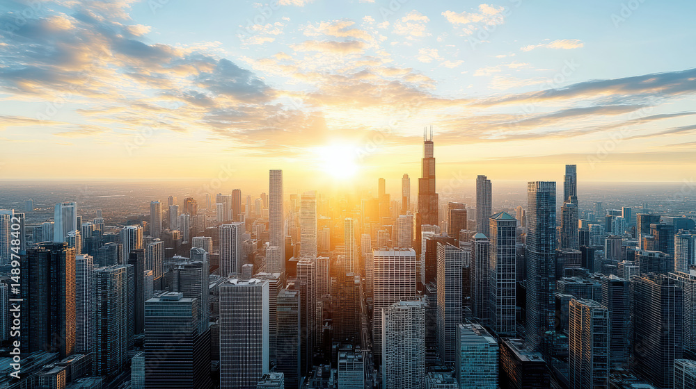 Fototapeta premium Stunning city skyline illuminated by warm sunrise, showcasing modern architecture and vibrant