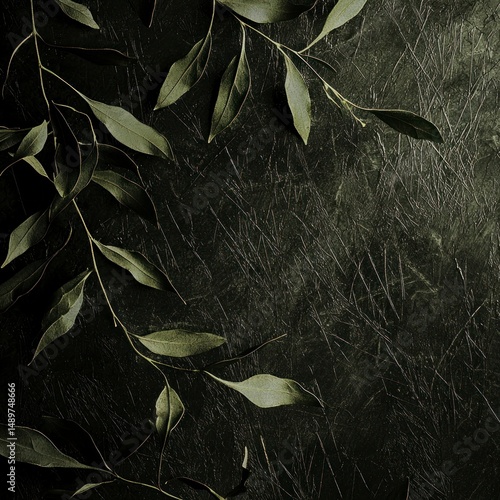 Olive Leaves on Dark Textured Background with Scratches and Details