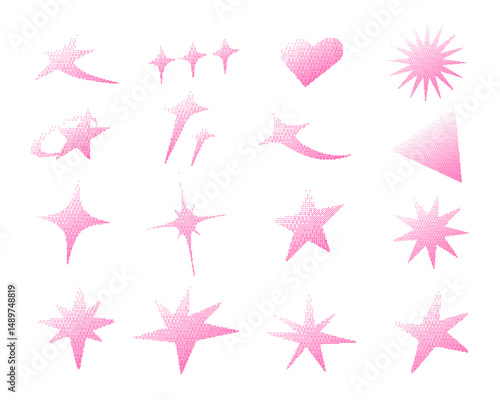 Pixel Gradient Halftone Shape Collection. A complete collection of pixel gradient halftone elements including stars sparkles heart and abstract shapes. Perfect for UI overlays digital assets