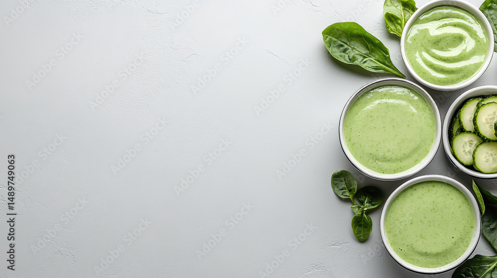 Fresh green smoothie bowls with spinach and cucumber on clean white counter Fresh green smoothie bowls with spinach and cucumber on clean white counter