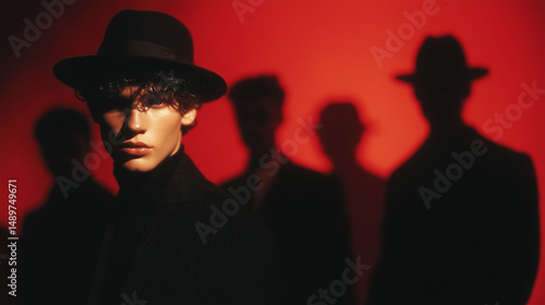 Stylish male model poses in front of shadowy figures against a red backdrop during a fashion event in the evening