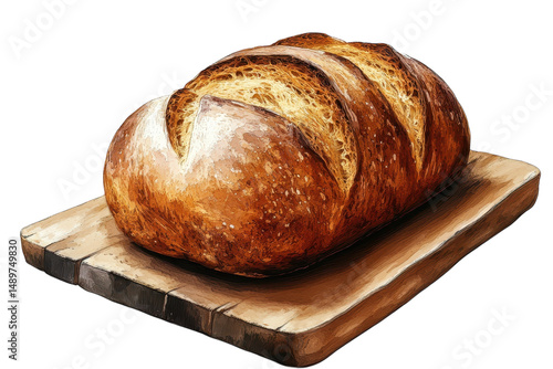 Warm crusty loaf of sourdough bread fresh from the oven resting on a rustic wooden board with on transparent background