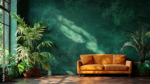 Moody Navy Wall with Dark Texture and Cozy Sofa Design