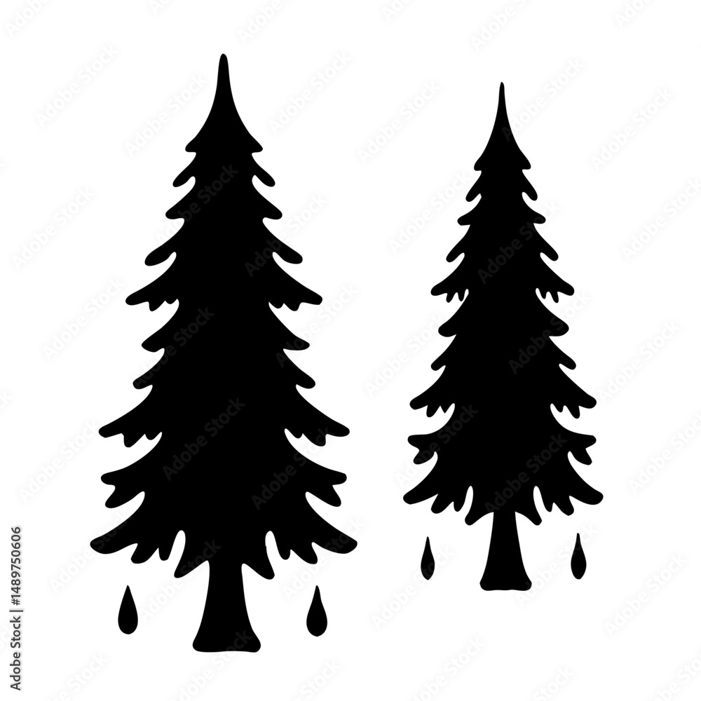 Obraz premium Pine trees with raindrops black silhouette vector illustration