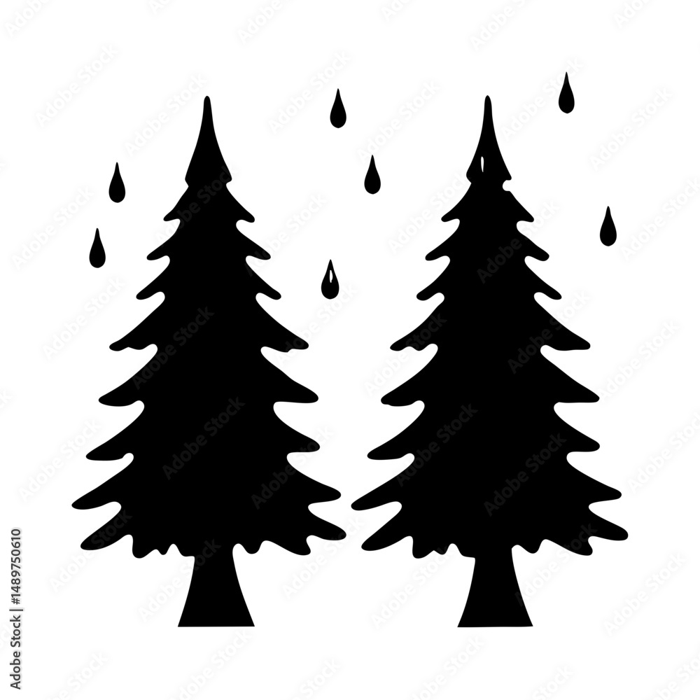 Obraz premium Rain-soaked evergreen trees black silhouette vector illustration