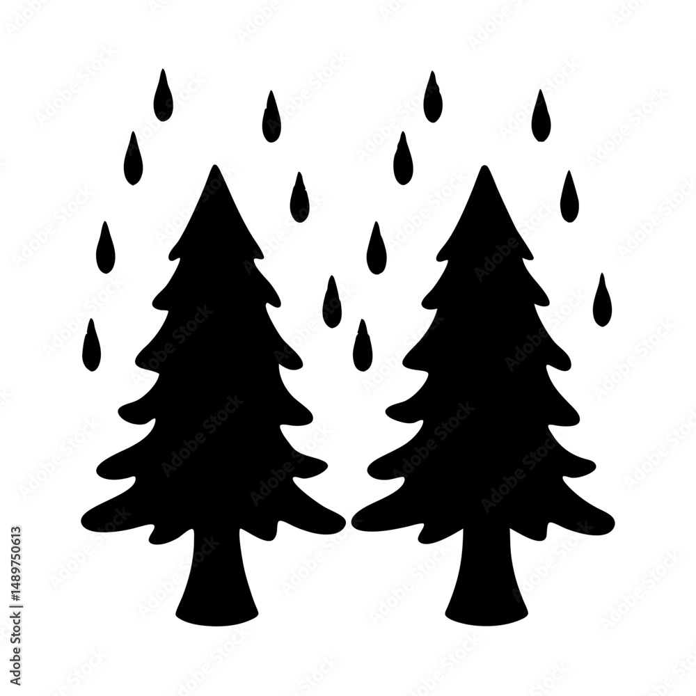 Obraz premium Coniferous trees in rain black silhouette vector illustration