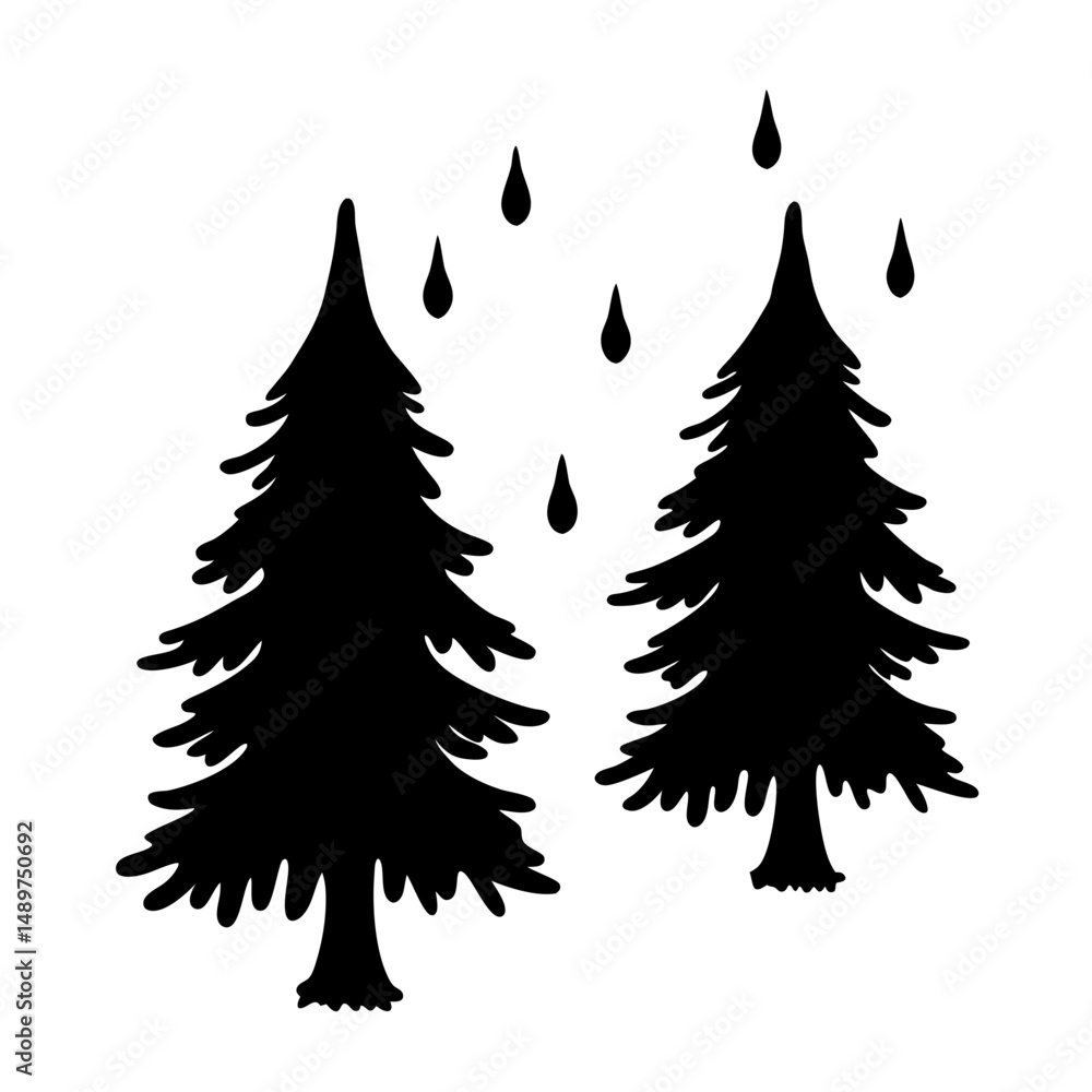 Obraz premium Rain-covered evergreen trees black silhouette vector illustration