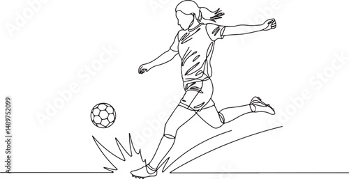 One line drawing of a female footballer in action, kicking a ball with strong dynamic motion lines, minimal and energetic line art

