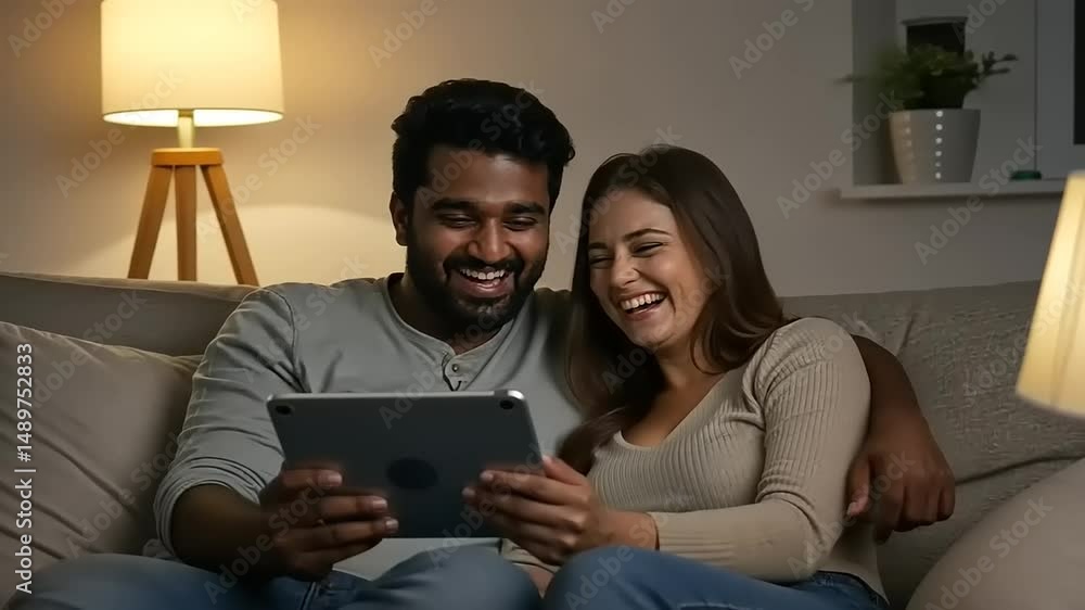 Couple enjoying a cozy evening on the couch, laughing together while watching a tablet, with soft lighting in the background Couple enjoying a cozy evening on the couch, laughing together while watching a tablet, with soft lighting in the background
