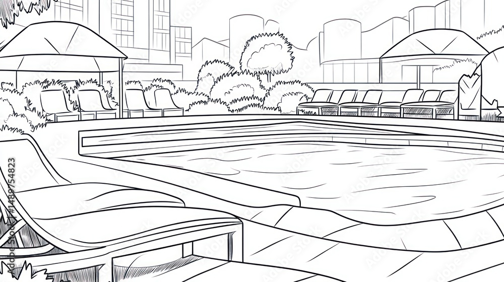 Fototapeta premium Rooftop pool, city view, lounge chairs, relaxation