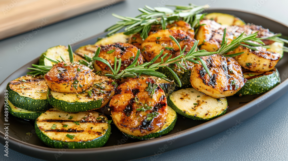 Grilled zucchini and scallops garnished with fresh rosemary create delicious dish Grilled zucchini and scallops garnished with fresh rosemary create delicious dish