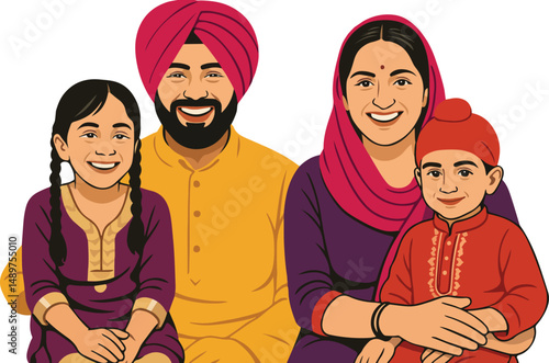Indian Punjabi Sikh family vector illustration
