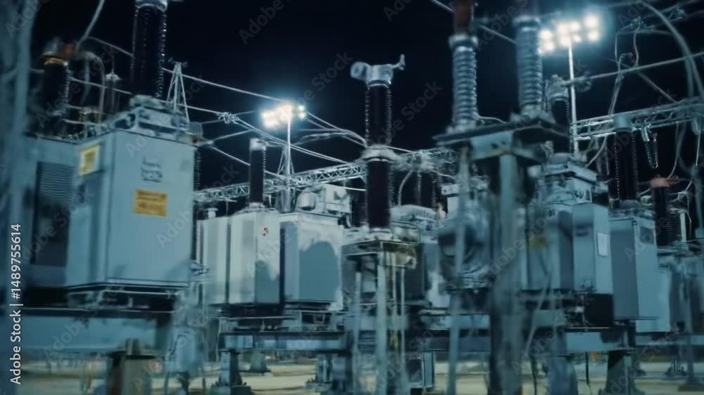 Nighttime operations at a power substation with equipment in action under bright lights Nighttime operations at a power substation with equipment in action under bright lights