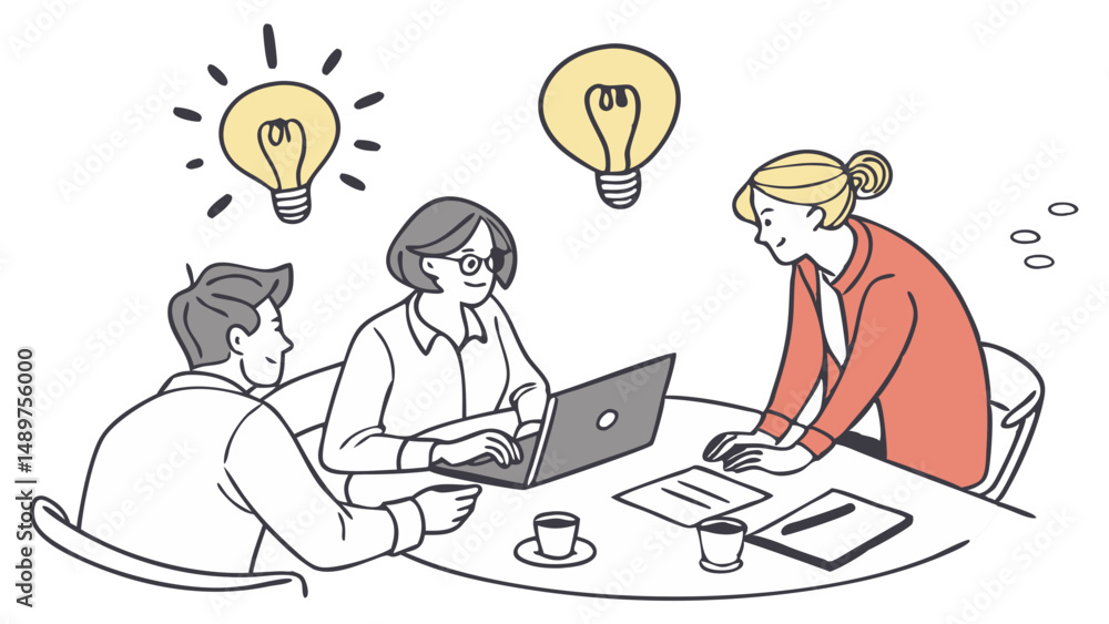 Team Brainstorming Ideas Around Laptop – Light Bulb Concept Line Drawing
Team Brainstorming Ideas Around Laptop – Light Bulb Concept Line Drawing