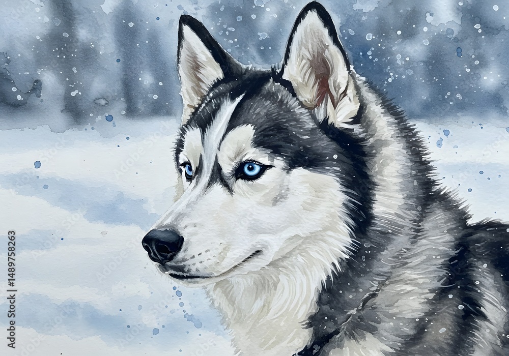 Watercolor Painting of a Siberian Husky in Winter Watercolor Painting of a Siberian Husky in Winter