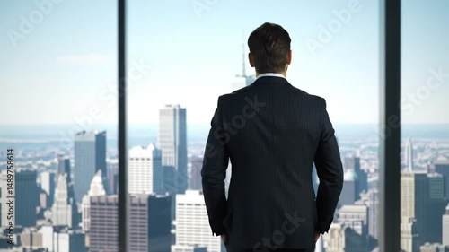 Businessman Looking Out at City Skyline Vision, Success, and Future Goals