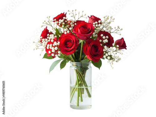 Red Roses and Baby's Breath in Clear Vase with Transparent Background Still Life