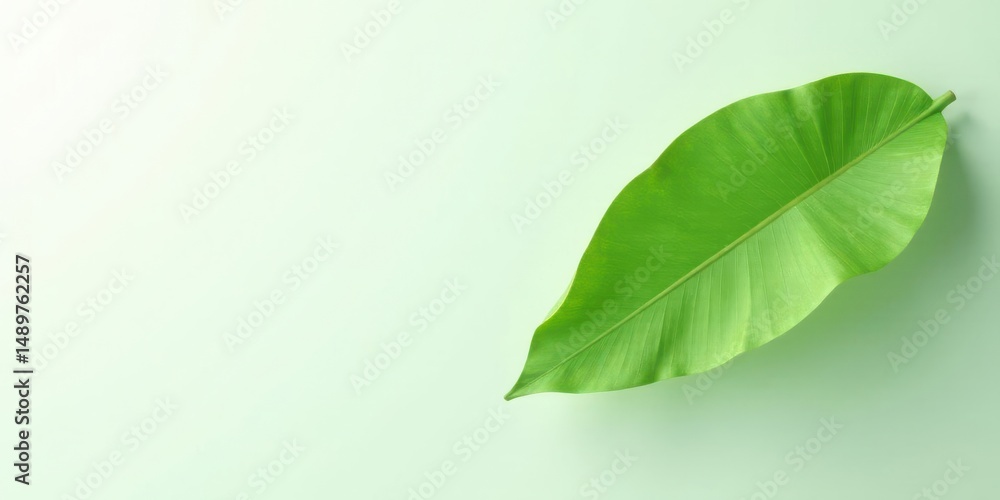 Obraz premium Single vibrant green leaf on a pale green background, ideal for eco-friendly design projects and nature-themed presentations.