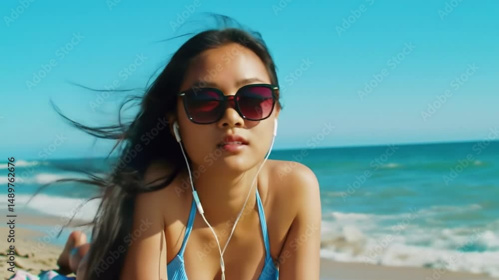 Beach relaxation with music and sunshine on a clear day Beach relaxation with music and sunshine on a clear day