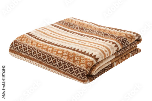 PNG Folded patterned blanket with geometric designs in earth tones on black background
