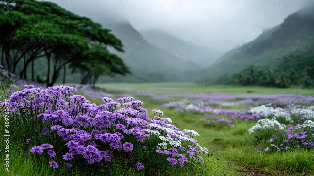 Obraz premium Blooming flowers in meadow with mystical tropical landscapes concept. Serene landscape with blooming flowers and misty mountains.