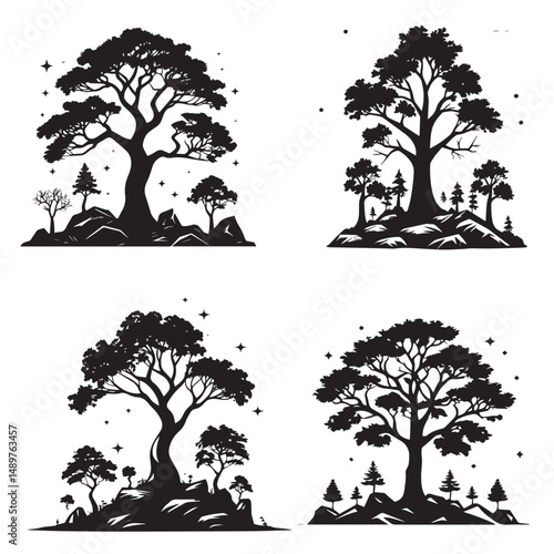 silhouette set of tree, black color only, on white background
