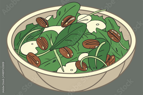 64 a leafy green salad with fresh spinach, dandelion greens, candied pecans, and a creamy vinaigrette dressing, served in a rustic ceramic bowl on a dark background with natural lighting