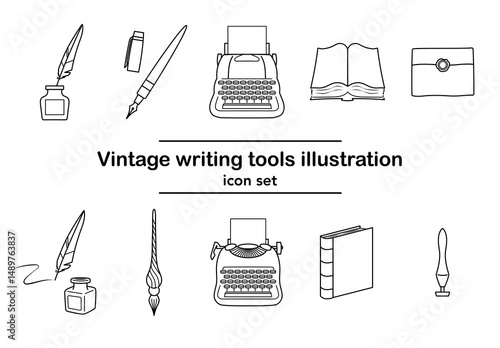 レトロな筆記道具のアイコンセット（万年筆、タイプライター、本など）