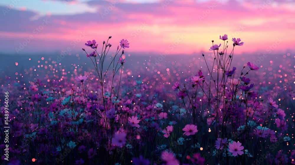 Naklejka premium Blooming flowers in meadow with glowing paradise dreamlike nature concept. A vibrant field of flowers under a beautiful sunset sky.