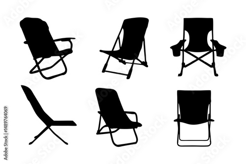 Portable chair silhouette collection for outdoor leisure and camping vector illustration