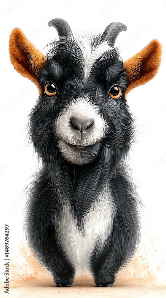 Obraz premium Smiling Goat Illustration: A playful and whimsical illustration of a black and white goat with a wide, friendly grin and a touch of mischief in its eyes. Its soft fur, expressive eyes.