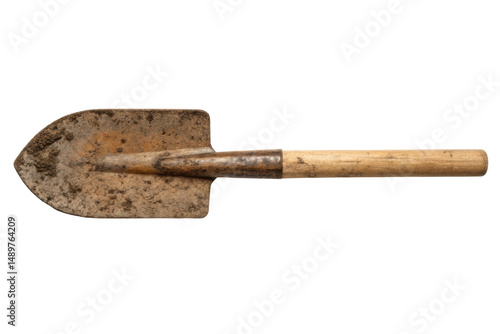 PNG Rustic wooden hand shovel with worn metal blade on black background