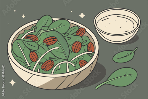 64 a leafy green salad with fresh spinach, dandelion greens, candied pecans, and a creamy vinaigrette dressing, served in a rustic ceramic bowl on a dark background with natural lighting