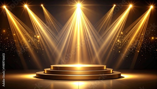Golden podium illuminated by spotlights, dramatic presentation scene.