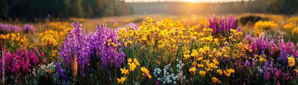Fototapeta premium Blooming flowers in meadow with mystical tropical landscapes concept. Vibrant wildflowers bloom in a sunlit meadow at dawn.