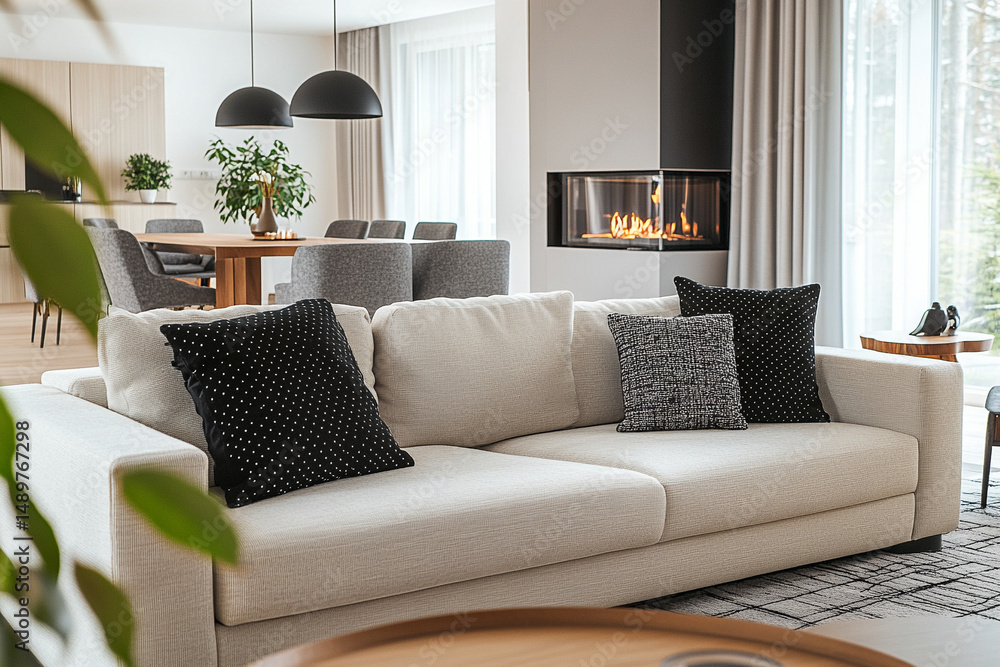 Fototapeta premium modern minimalist living room with beige sofa black pillows and fireplace