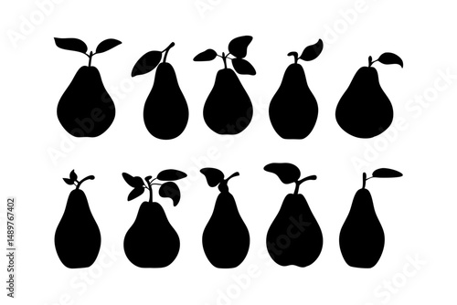 Minimalist pear with leaf silhouette set vector illustration