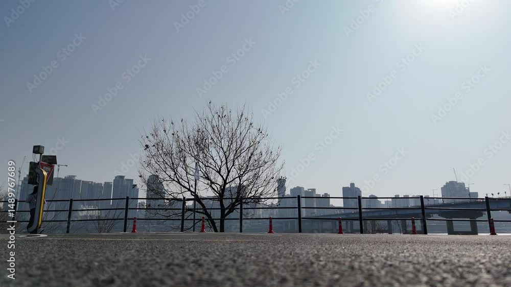 Urban Cyclist Riding Along Han River Bike Path – Low-Angle Silhouette View
Urban Cyclist Riding Along Han River Bike Path – Low-Angle Silhouette View