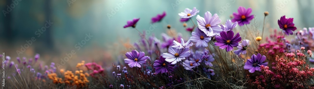 Blooming flowers in meadow with mystical nature and dreamlike gardens concept. A vibrant display of colorful flowers in a serene meadow. Blooming flowers in meadow with mystical nature and dreamlike gardens concept. A vibrant display of colorful flowers in a serene meadow.