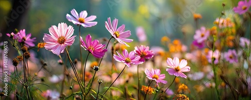 Blooming flowers in meadow with mystical nature and dreamlike gardens concept. A vibrant field of pink flowers thriving in sunny nature.