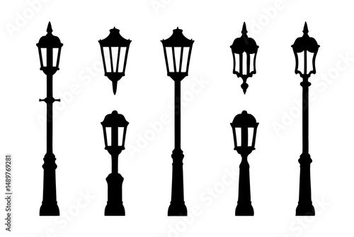 Vintage street lamp classic silhouette set vector illustration