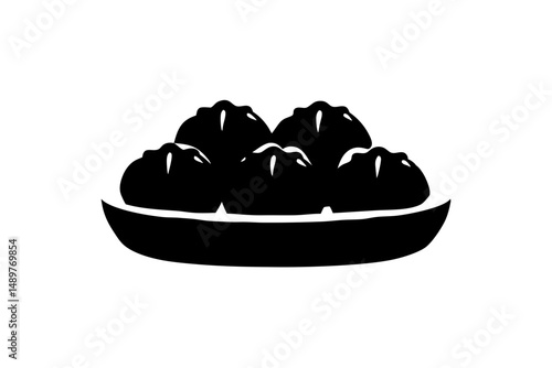 Delicious steamed buns in traditional bowl silhouette set vector illustration